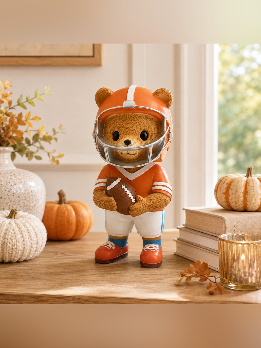 Whimsical Bear Football Player #12 Orange Game Day Fall Figurine